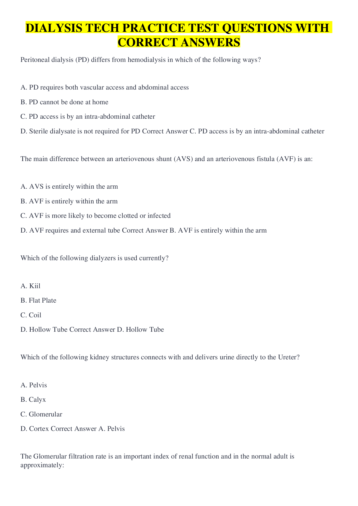 Preview image of DIALYSIS TECH PRACTICE TEST QUESTIONS WITH CORRECT ANSWERS document